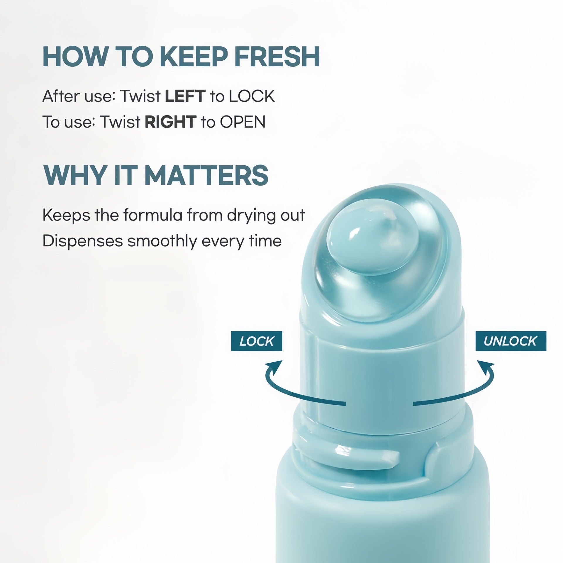 How to keep fresh infographic: twist left to lock after use, twist right to open, close-up of the mask's twist-lock applicator cap