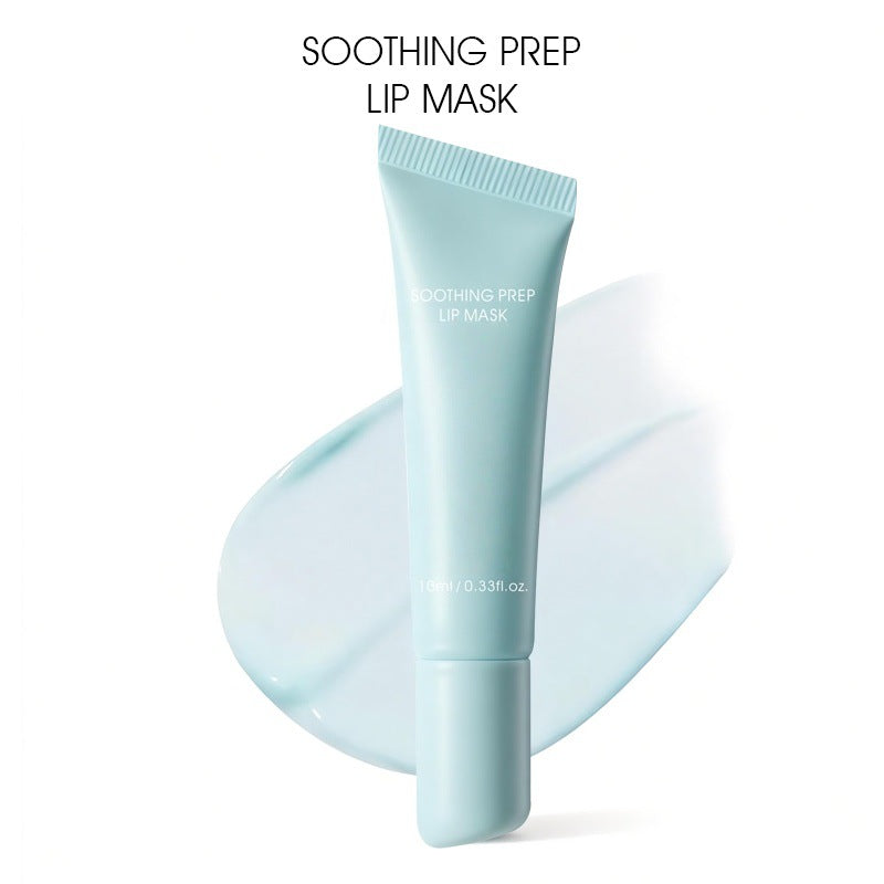 Lustrelle Soothing Peel Off Lip Mask tube standing upright on a white background with a translucent gel swipe behind it