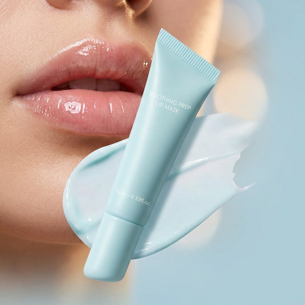 Close-up of a model's glossy lips next to the Soothing Peel Off Lip Mask tube and a gel swipe