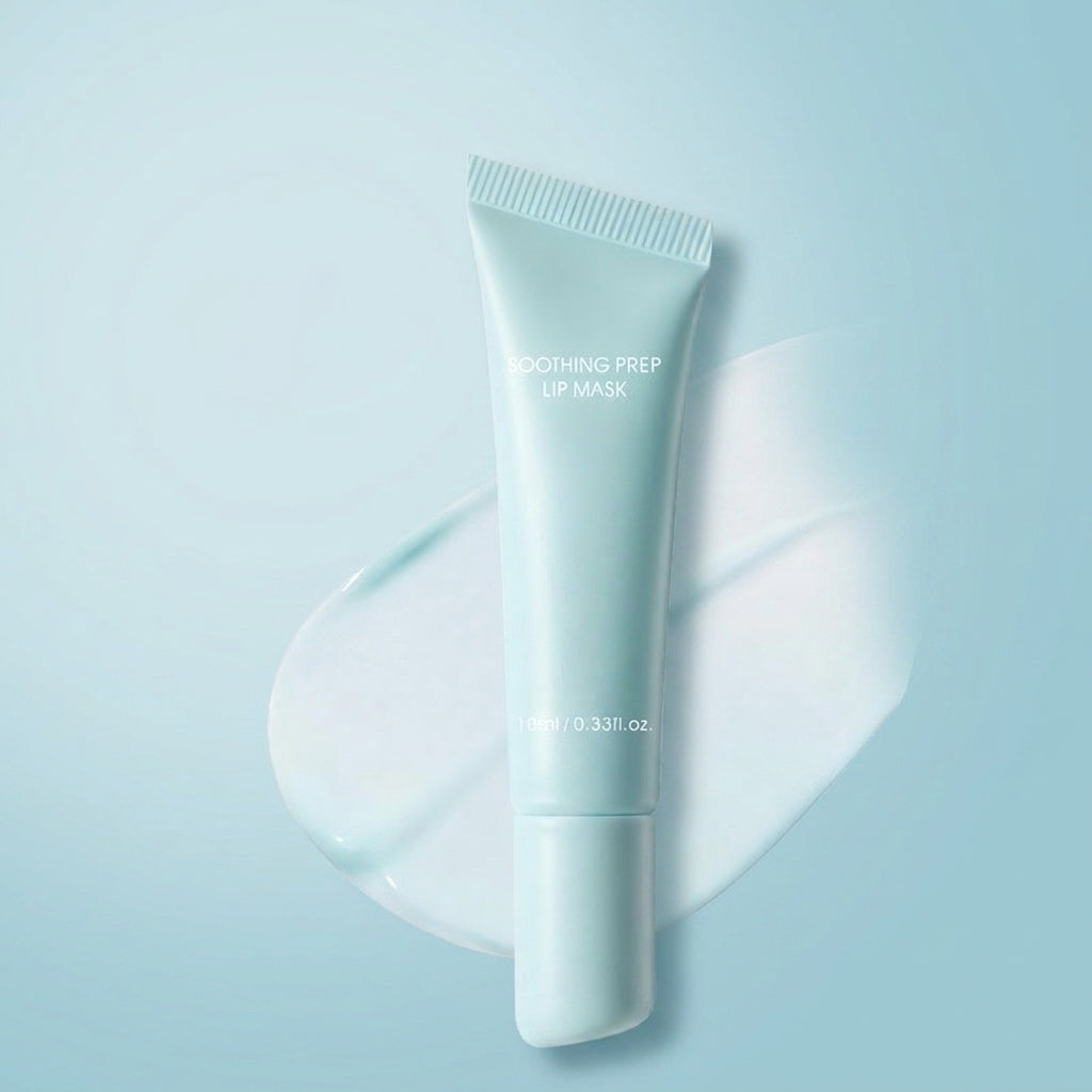 Lustrelle Soothing Peel Off Lip Mask tube standing upright against a light blue background with a translucent gel swipe behind it