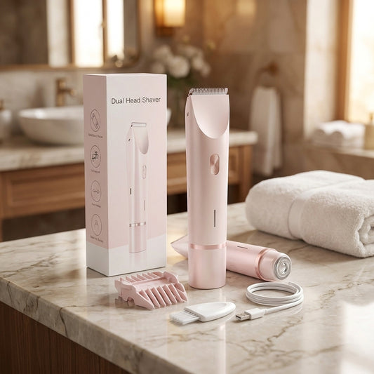 Pink Lustrelle Softline Trim electric hair remover on a marble bathroom counter with its second head, comb guard and charging cable