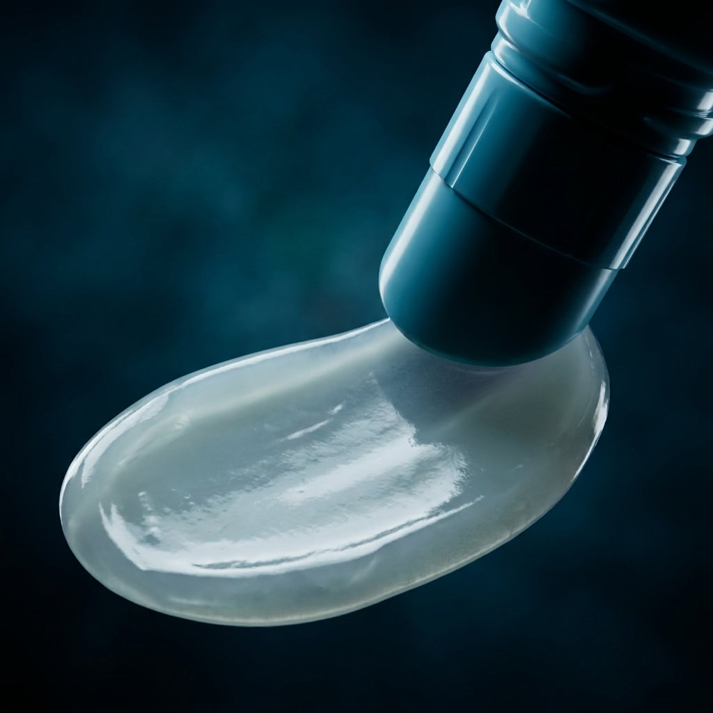 Close-up of the Soothing Peel Off Lip Mask tube dispensing a translucent gel onto a dark teal background