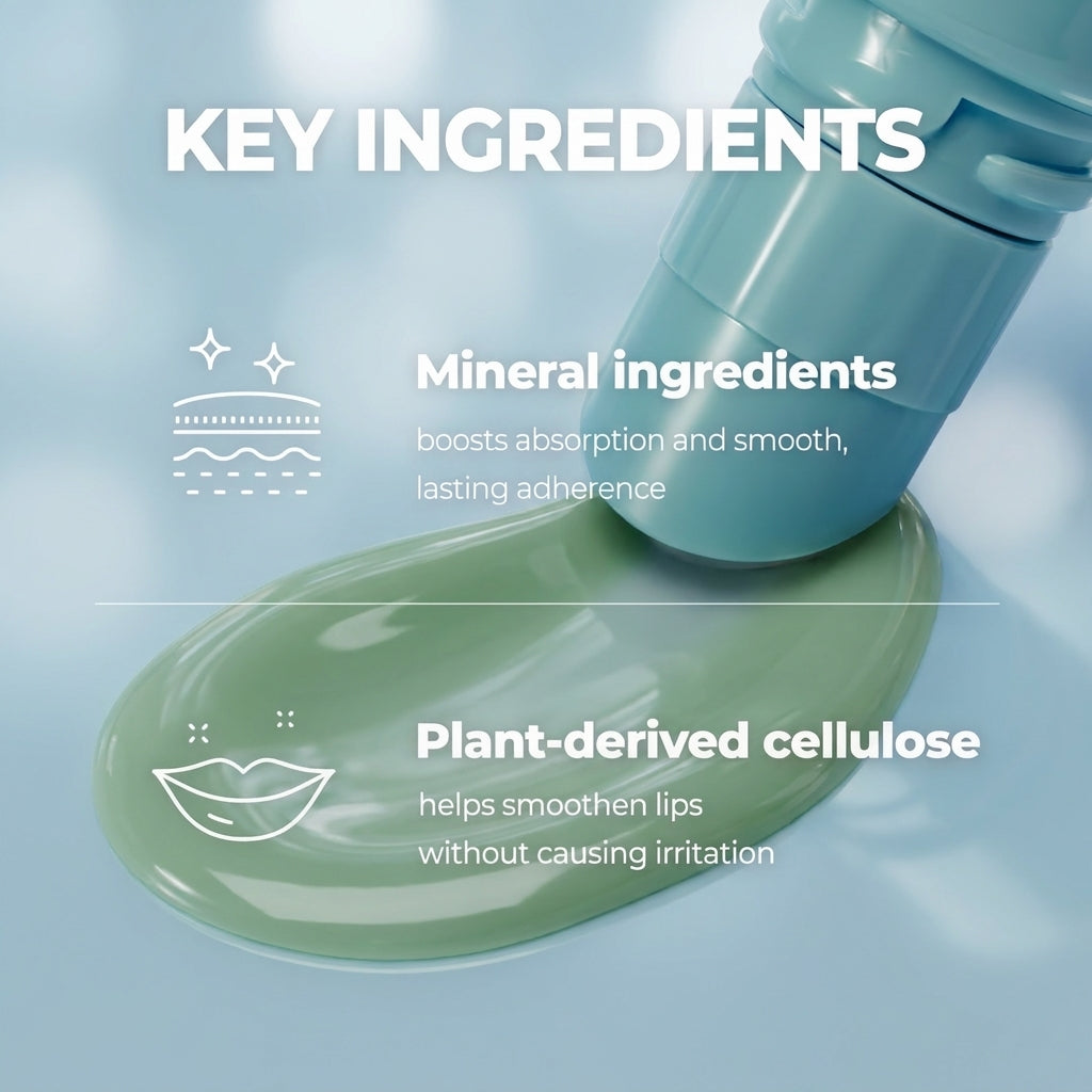 Key ingredients infographic showing mineral ingredients for absorption and plant-derived cellulose for smoothing lips, over a green gel swatch