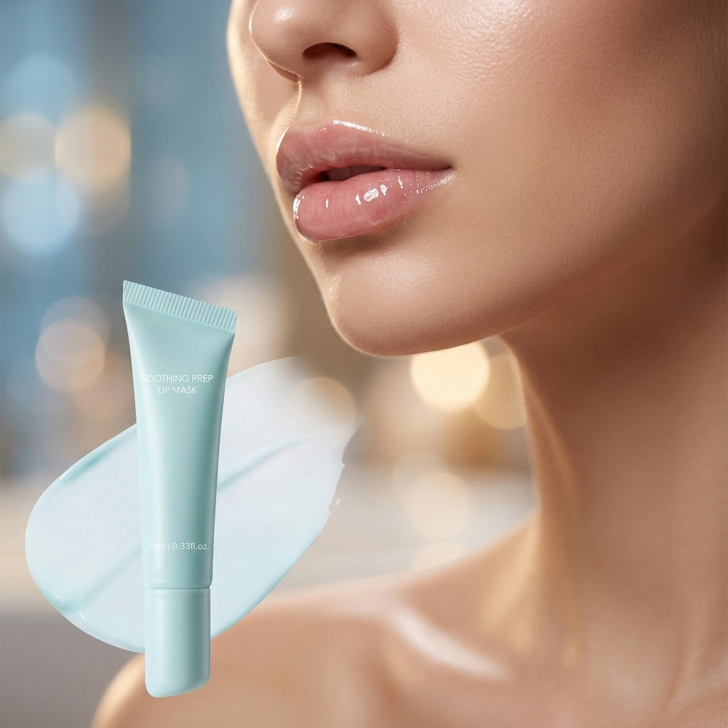 Soothing Peel Off Lip Mask tube held near a model's glossy, smooth lips and shoulder